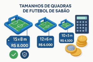 Infográfico mostrando diferentes tamanhos de quadras de futebol de sabão com preços, calculadora e moedas, representando transparência nos valores de aluguel no Rio de Janeiro