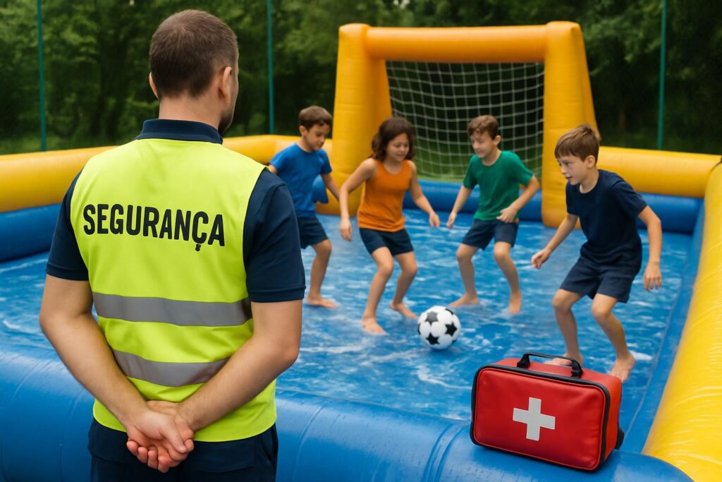 Supervisor de segurança profissional com colete observando crianças brincando em quadra de futebol de sabão, com kit de primeiros socorros visível, demonstrando segurança e cuidado em eventos