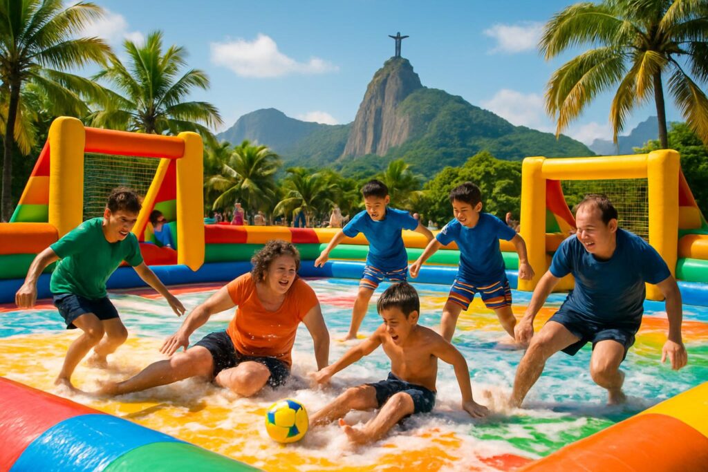 Família se divertindo em quadra inflável de futebol de sabão colorida no Rio de Janeiro com Cristo Redentor ao fundo, mostrando a diversão garantida do aluguel de futebol de sabão para eventos