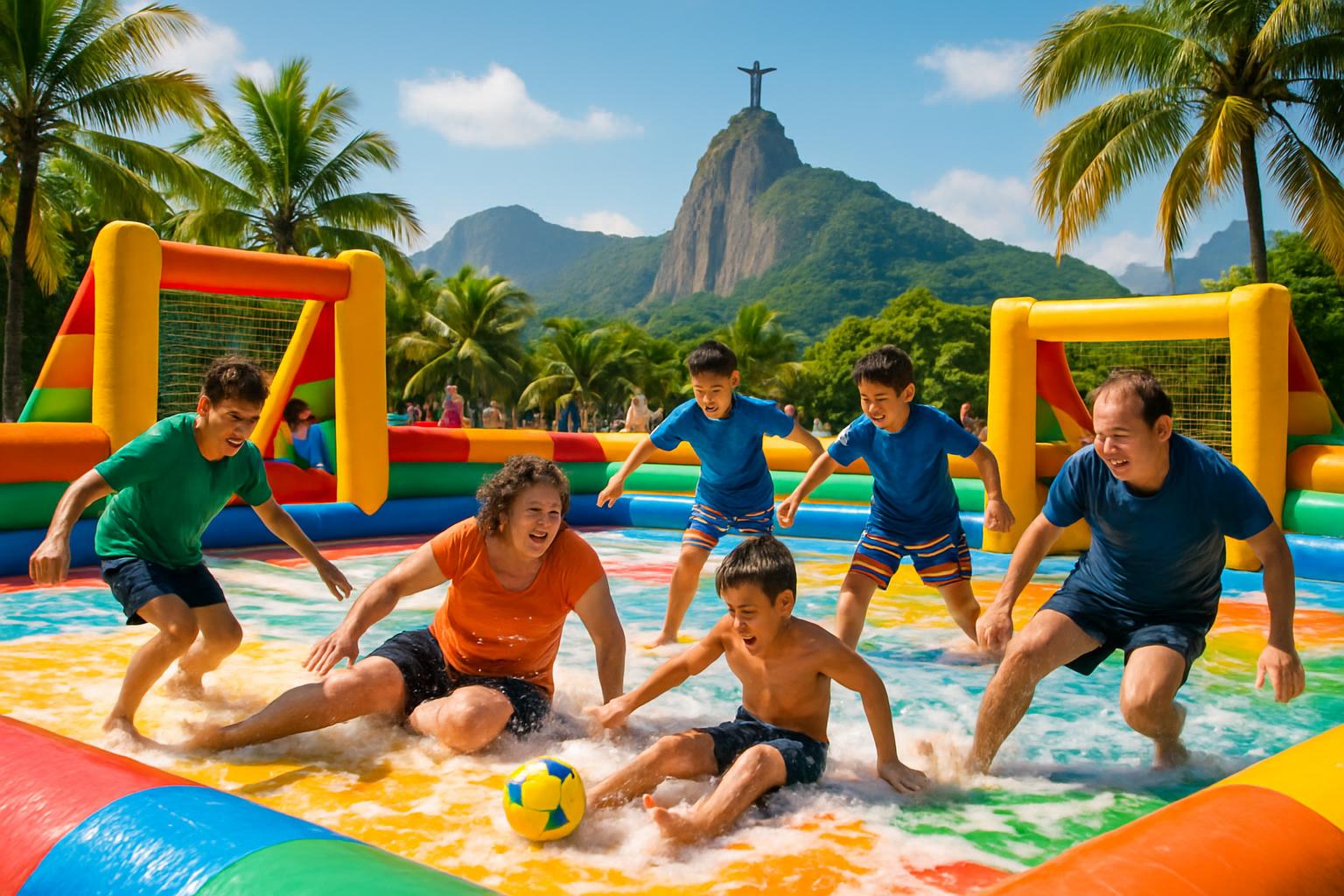 Família se divertindo em quadra inflável de futebol de sabão colorida no Rio de Janeiro com Cristo Redentor ao fundo, mostrando a diversão garantida do aluguel de futebol de sabão para eventos